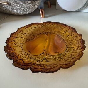 Vintage Tiara Glass 6” Amber Pair of Pears Plate Decorative Collector Dish